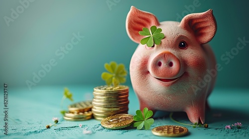 smiling pink pig piggy bank next to a stack of gold coins and a four leaf clover sticking out from it isolated on blue background investment success savings concept .stock image