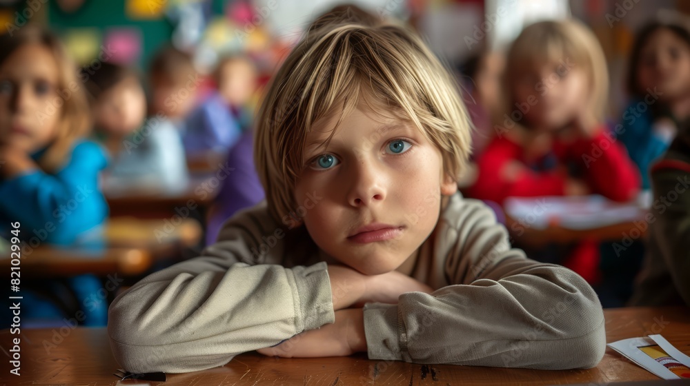 A young boy sitting at a table in a classroom A young boy sitting at a table in a classroom
