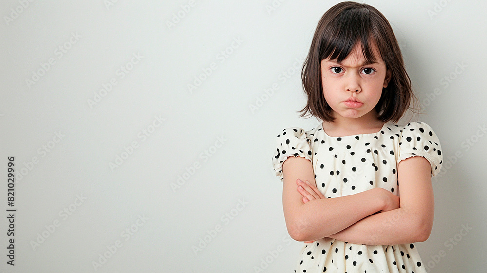 Angry little girl with folded arms wearing polka dot dress standing against white background, copy space Angry little girl with folded arms wearing polka dot dress standing against white background, copy space