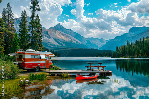A red camper van is parked at a dock by a lake