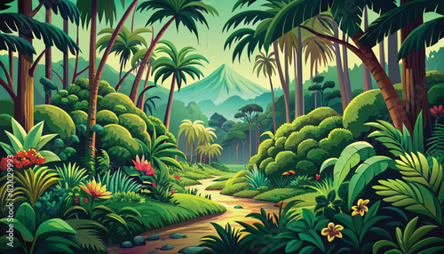Magical tropical forest with bright flowers, a path going into the distance and a mountain in the distance - color vector illustration photo