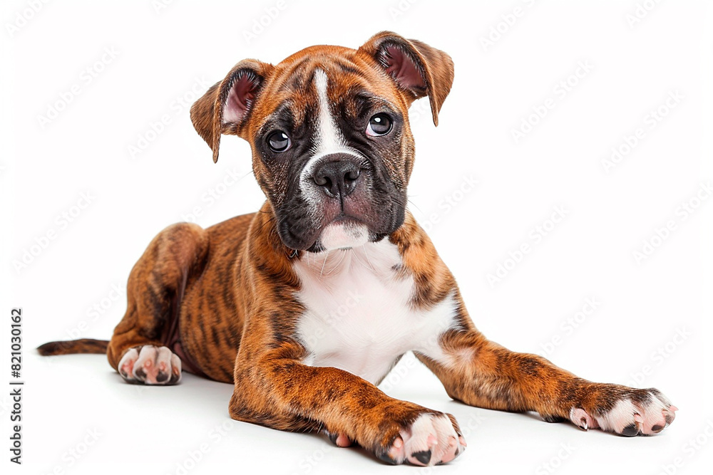 A brown and white dog is laying on a white background A brown and white dog is laying on a white background