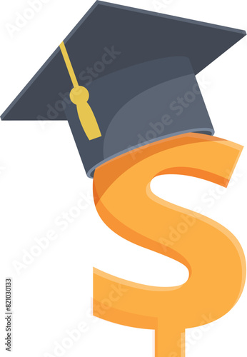 Flat design icon with a mortarboard atop an orange dollar sign representing investment in education