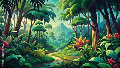 The Magic Rainforest with incredible flowers - vector color landscape
