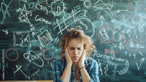 Overworked Teacher Suffering from Headache at Chalkboard