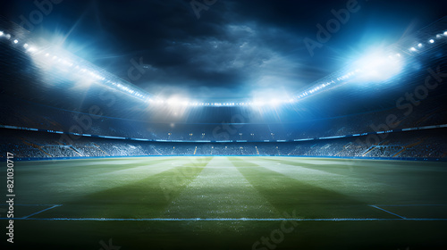 Stunning view of modern footbal stadium  Full night soccer arena in lights and flashes. 