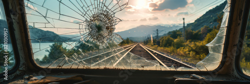 A broken train window with a picturesque landscape seen through the fractured glass