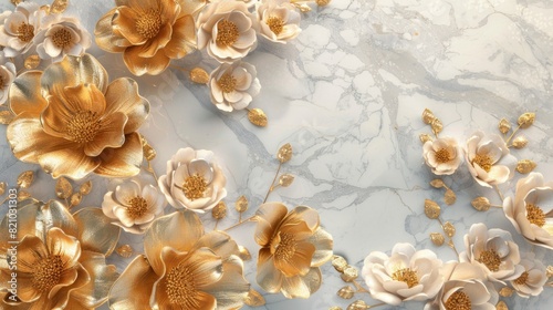 3d golden flowers on a marble background bright challenging colors wallpaper