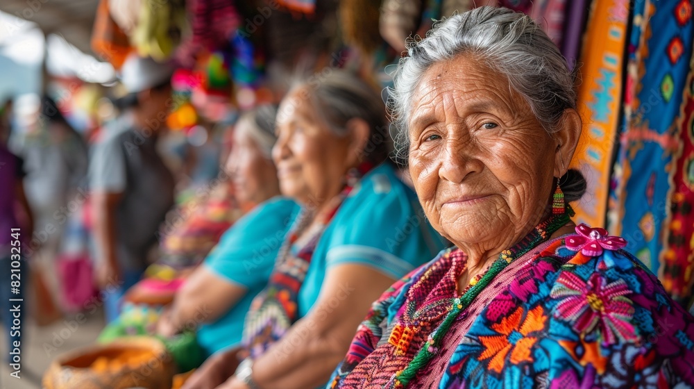 Elderly woman in vibrant traditional clothing at a bustling outdoor market, perfect for cultural heritage Elderly woman in vibrant traditional clothing at a bustling outdoor market, perfect for cultural heritage
