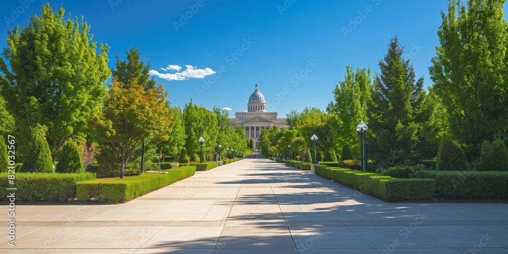 A scenic view of a pathway with trees on each side leading towards a stately government building under a blue sky