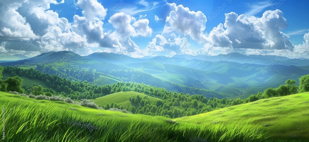 Green grassy hillside with rolling hills and puffy clouds in the background, idyllic countryside scene with blue sky, white clouds, and forested valley leading to mountain range, capturing nature's tr