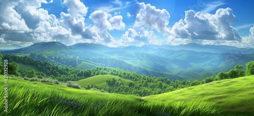 Green grassy hillside with rolling hills and puffy clouds in the background, idyllic countryside scene with blue sky, white clouds, and forested valley leading to mountain range, capturing nature's tr © JH