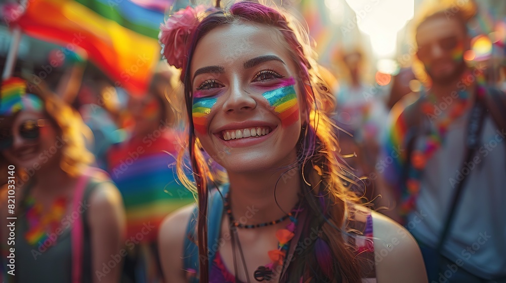 Obraz premium A cheerful group of people of different ages and backgrounds participating in a pride parade, with faces painted in rainbow colors and banners promoting acceptance and equality. Illustration