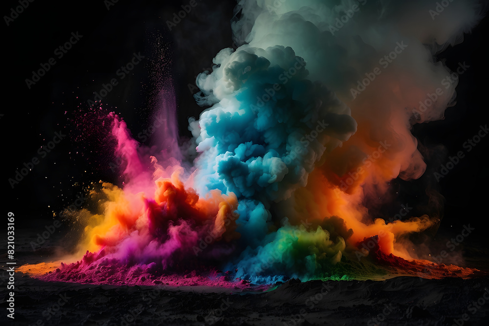 Obraz premium A vibrant eruption of colorful powder against a dark backdrop, Abstract dense multicolored smoke on a black isolated background. Background of smoke vape. Many colors. Rainbow powder.