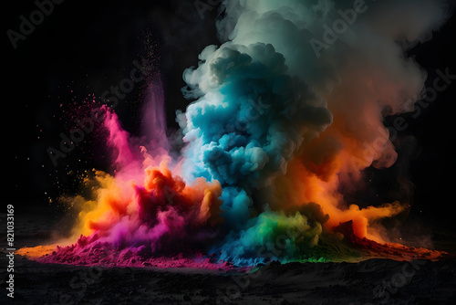A vibrant eruption of colorful powder against a dark backdrop  Abstract dense multicolored smoke on a black isolated background. Background of smoke vape. Many colors. Rainbow powder.