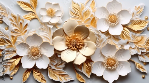 3d golden flowers on a marble background bright challenging colors wallpaper