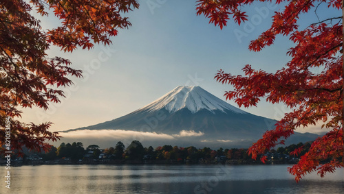 Discover the splendor of Japan s autumn season at Lake Kawaguchiko with Mount Fuji  morning mist  and red leaves