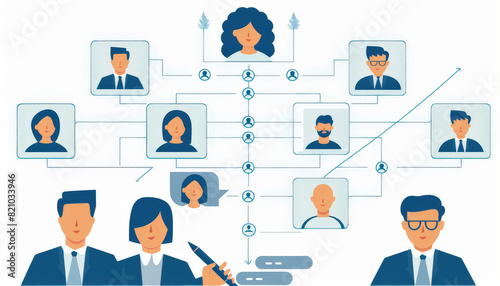 Illustration of a corporate organizational chart with diverse avatar portraits representing different team members and hierarchical connections photo