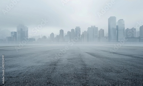 Minimalist modern background with empty concrete floor and distant city skyline  overcast sky  urban sophistication  texture for presentations and promotional material  in minimalist artist style.