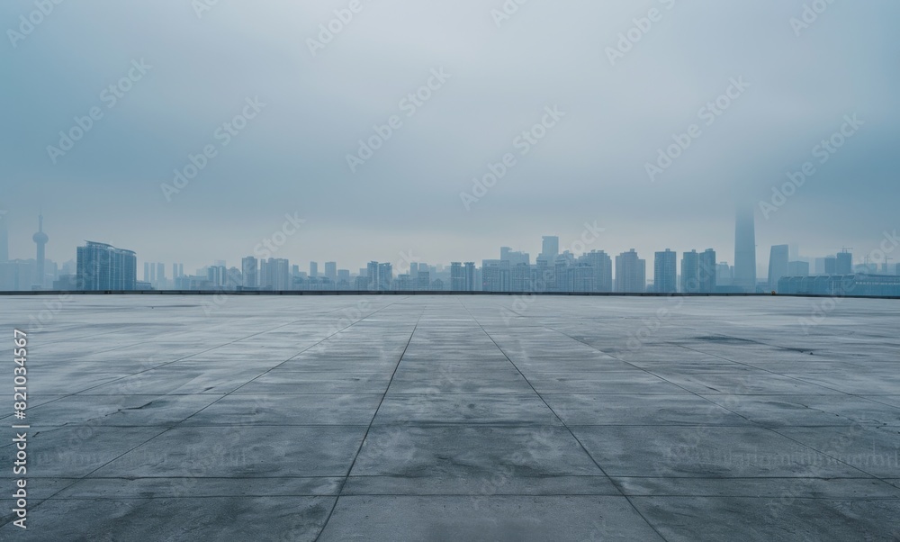 Minimalist modern background with empty concrete floor and distant city skyline, overcast sky, urban sophistication, texture for presentations and promotional material, in minimalist artist style.