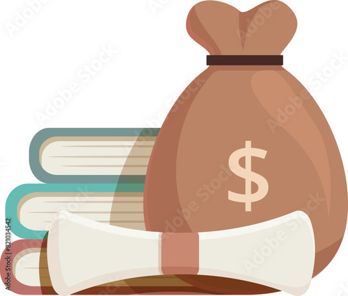 Flat vector illustration of a money bag on top of books beside a diploma, symbolizing education financing