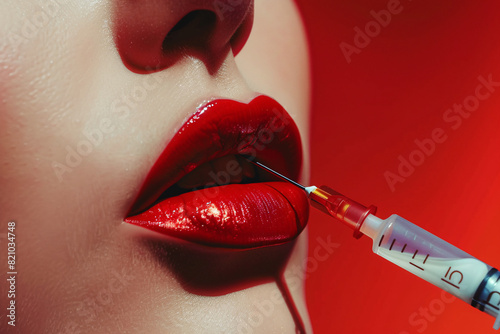 lips augmentation concept, close up of female lips and syringe