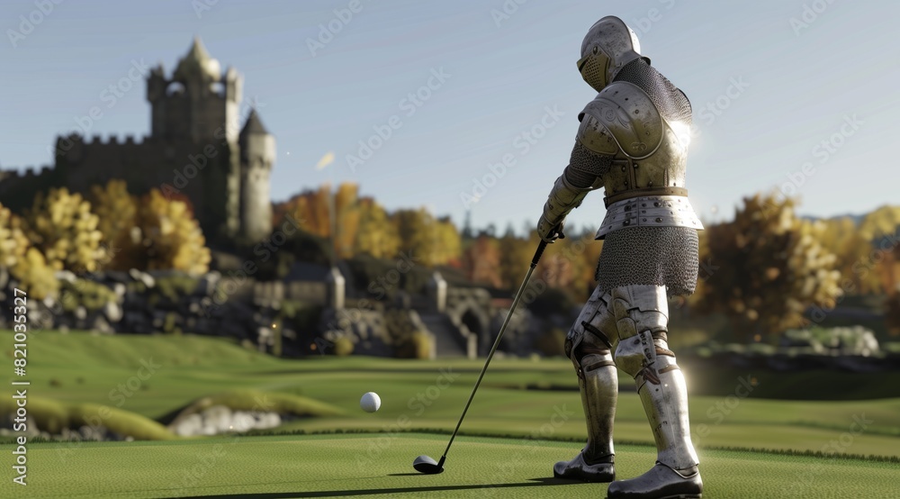 Obraz premium medieval knight playing golf .Generative AI