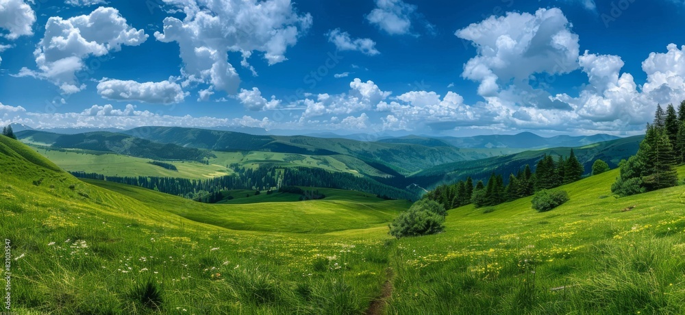 Panoramic view of green grassy hills and trees under a blue sky with white fluffy clouds in mountainous areas, featuring a serene path through a meadow leading into dense forests on rolling hills. Panoramic view of green grassy hills and trees under a blue sky with white fluffy clouds in mountainous areas, featuring a serene path through a meadow leading into dense forests on rolling hills.