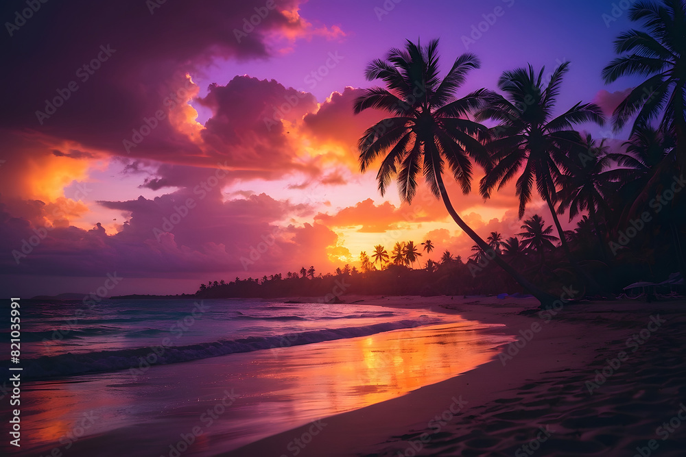 Gorgeous tropical sunset over beach with palm tree silhouettes Perfect for summer travel and vacation, romantic shoreline. Paradise on earth. Hawaii beach.