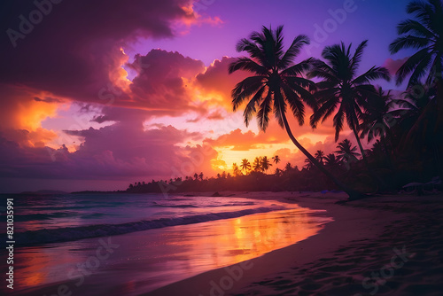 Gorgeous tropical sunset over beach with palm tree silhouettes Perfect for summer travel and vacation  romantic shoreline. Paradise on earth. Hawaii beach.