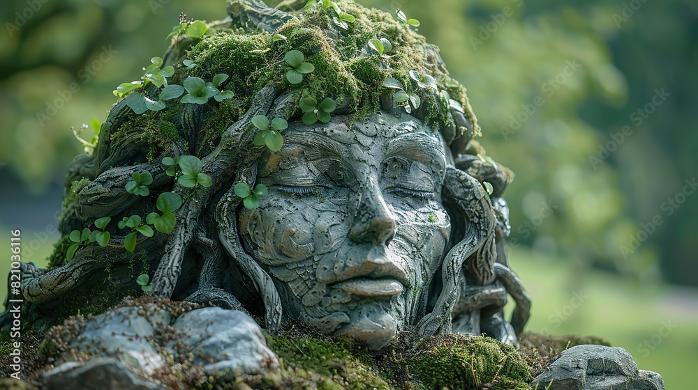 guardian of nature statue of a woman covered in green moss plants and roots in the wood nymph dryad fairy mystical myth and legend spirit of the forest.illustration stock image
