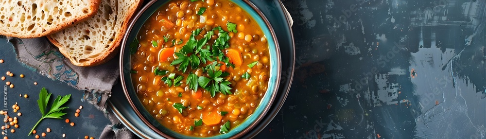 Nourishing Lentil Soup with Aromatic Parsley and Wholesome Whole Grain Bread Nourishing Lentil Soup with Aromatic Parsley and Wholesome Whole Grain Bread