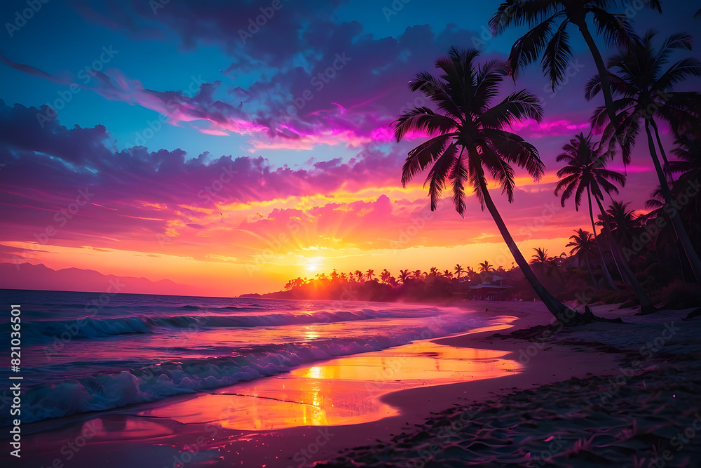 Gorgeous tropical sunset over beach with palm tree silhouettes Perfect for summer travel and vacation, romantic shoreline. Paradise on earth. Hawaii beach.