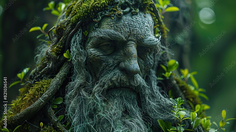 guardian of nature statue of a wise old man covered in green moss plants and roots meditating in the wood mystical myth and legend spirit of the forest.illustration stock image