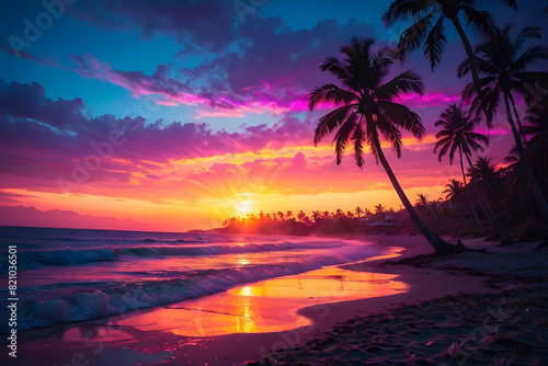 Gorgeous tropical sunset over beach with palm tree silhouettes Perfect for summer travel and vacation, romantic shoreline. Paradise on earth. Hawaii beach. © Wojciech