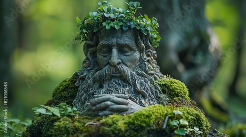 guardian of nature statue of a wise old man covered in green moss plants and roots meditating in the wood mystical myth and legend spirit of the forest.stock image © Emile