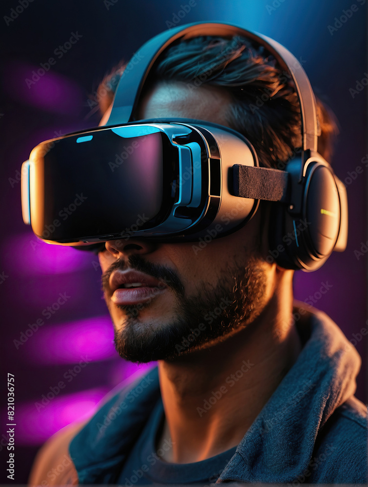 A man wearing virtual reality glasses on a dark background in neon light. A man wearing virtual reality glasses on a dark background in neon light.