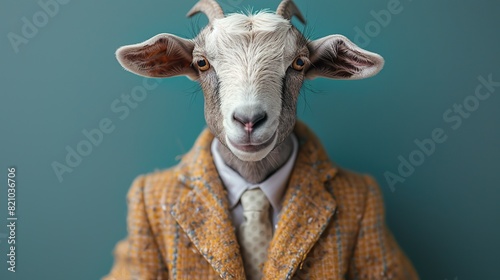 goat dressed in an elegant modern suit with a nice tie fashion portrait of an anthropomorphic animal shooted in a charismatic human attitude .stock image