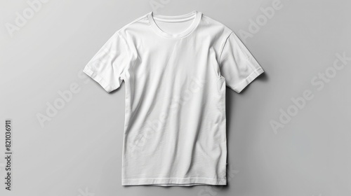 A clean, white t-shirt is displayed flat on a neutral gray surface for visual merchandising,White Crew Neck rew Neck T-shirt, T-Shirt on soft gray background.  photo
