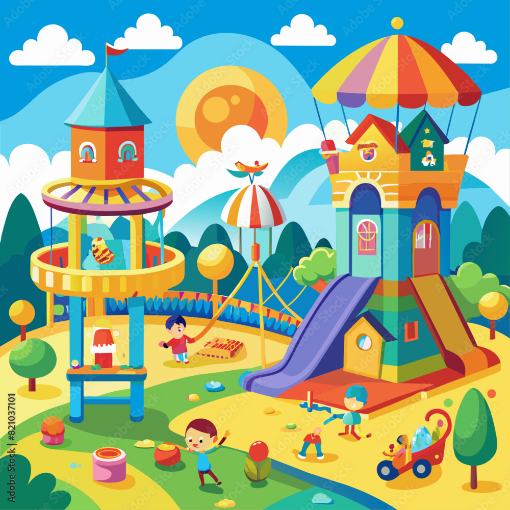 Whimsical Children's Playground Scenes in Bright, Cheerful Colors

, illustration of a castle