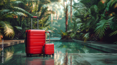 A bright red color of a large and small suitcase overlooking the swimming pool and background of green tropical rainforest, depicting the desperate need of a vacation or getaway