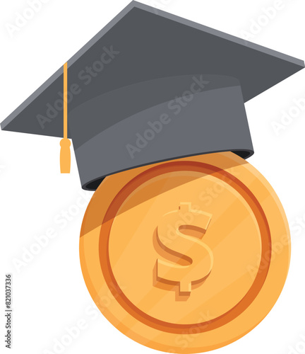 Vector illustration of a graduation cap resting on a golden coin with a dollar sign, symbolizing investment in education