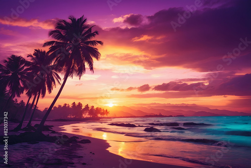 Gorgeous tropical sunset over beach with palm tree silhouettes Perfect for summer travel and vacation, romantic shoreline. Paradise on earth. Hawaii beach.