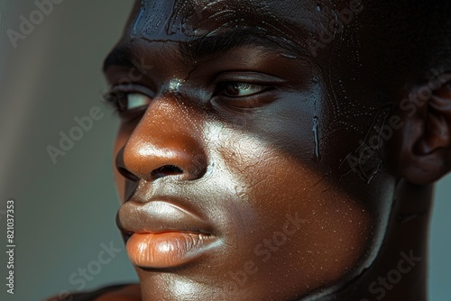A Black man with a serum bottle, showcasing a detailed focus on the application process, with light casting shadows on his face