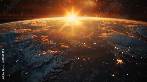 surface of planet earth space view of the world focused on the united states of america usa rising sun star cluster and nebula shining far behind elements.stock photo photo
