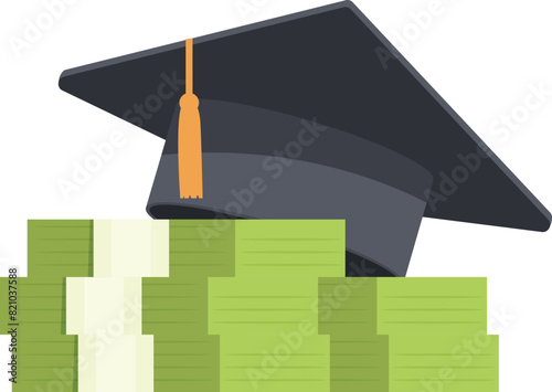 Flat design of a black graduation mortarboard atop a pile of cash, symbolizing education investment