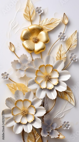 3d golden flowers on a marble background bright challenging colors wallpaper