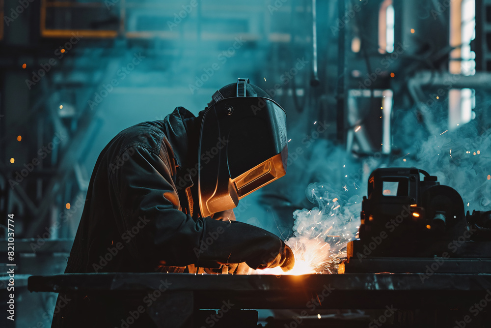 welder in protective mask working in the dark factory welder in protective mask working in the dark factory
