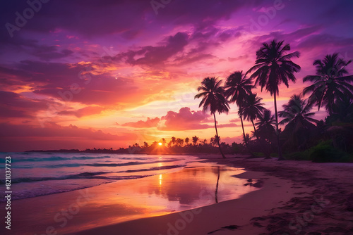Gorgeous tropical sunset over beach with palm tree silhouettes Perfect for summer travel and vacation, romantic shoreline. Paradise on earth. Hawaii beach.