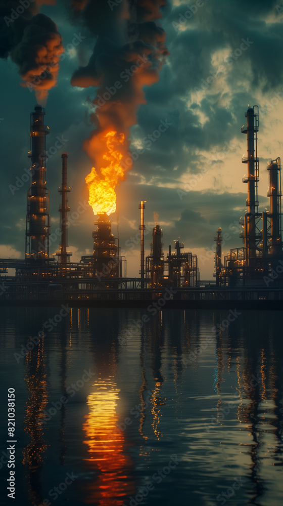 Obraz premium gas flaring from a refinery stack, captured in a hyper-realistic scene that highlights its role in clean energy production